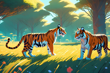 Fototapeta na wymiar Two tigers happily playing with their family. Generative AI