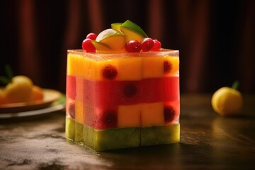 Jelly cake with strawberries,  watermelon and pineapple. Generative AI
