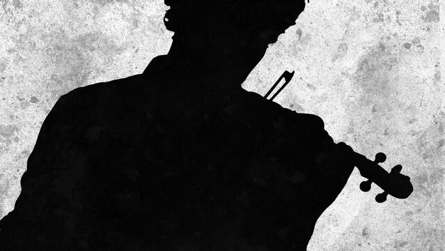 Animation of gray and white shapes moving over silhouette of man playing violin