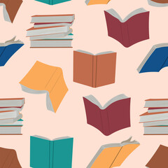 Seamless book background. Open books flying. Hand drawn back to school knowledge concept