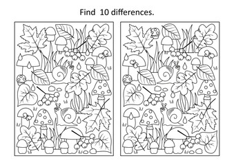 Autumn wonders. Difference game and coloring page activity with season items.
