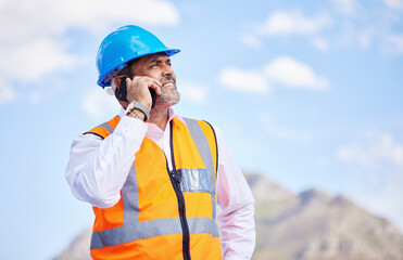 Architecture, construction and phone call in the city for building, planning and communication of worker with engineer. Cellphone, conversation and senior man and architect in project management