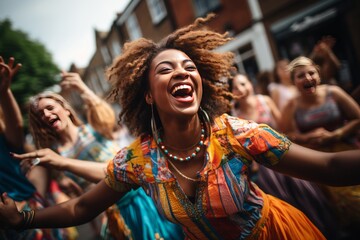 Fototapeta premium Lively Street Festival With Music And Crowds Dancing, Generative AI 