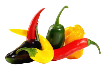 Various colored Chili Peppers on Transparent PNG Background