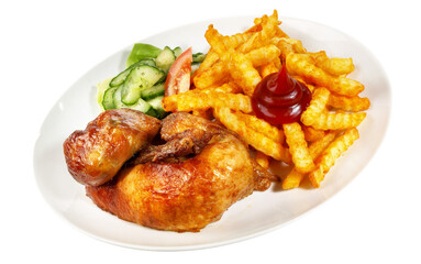 Grilled Chicken with French Fries, Ketchup and Salad - Transparent PNG Background