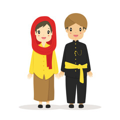 Happy couple wearing Jakarta, Betawi traditional dress. Indonesia traditional dress cartoon vector.