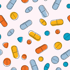 Vector seamless drawing with a variety of medical products. Multicolored capsules and pills with dark blue silhouette, hand drawn on gentle light background. Bright fresh pattern for banners or websit
