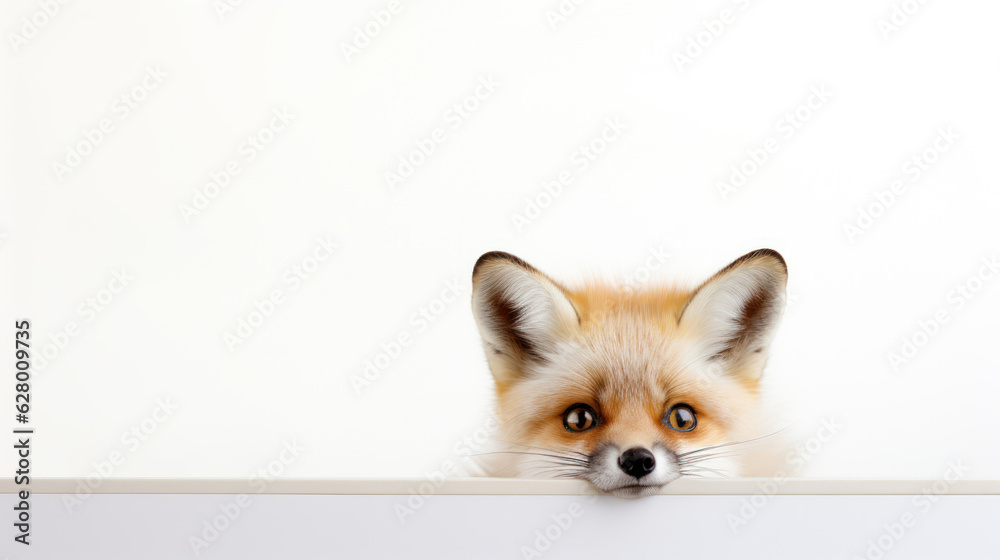 Wall mural Red fox peeking out from behind a white wall