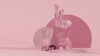 Grocery delivery concept. A bag of fresh fruits. Shopping bag with colorful vegetables and fruits, podium on pastel background. 3d render
