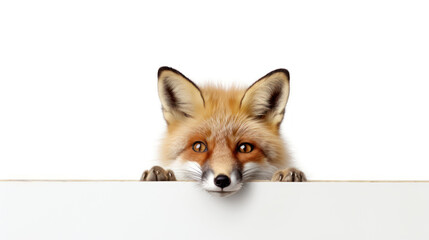 Red fox peeking out from behind a white wall