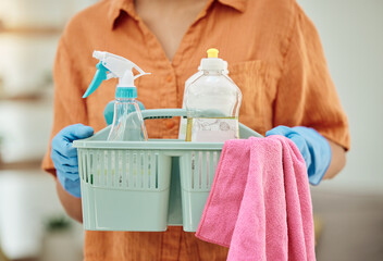 Hands of person with detergent basket for cleaning, housekeeping and disinfection of dirt, bacteria...