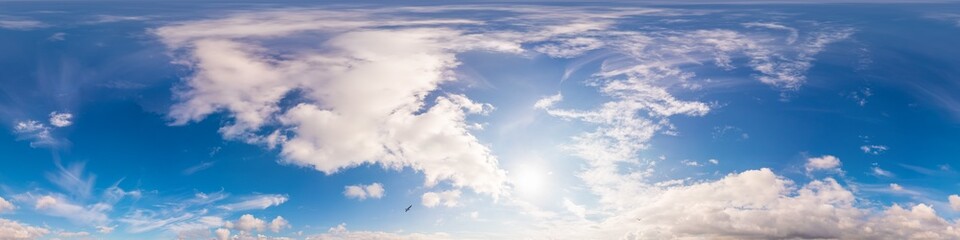 Clear blue summer sky panorama with Cumulus clouds. Seamless hdr spherical 360 panorama. Sky dome in 3D visualization, sky replacement for aerial drone 360 panoramas. Weather and climate change