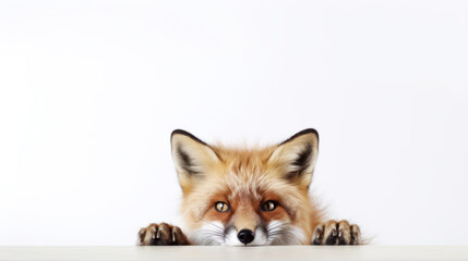 Red fox peeking out from behind a white wall