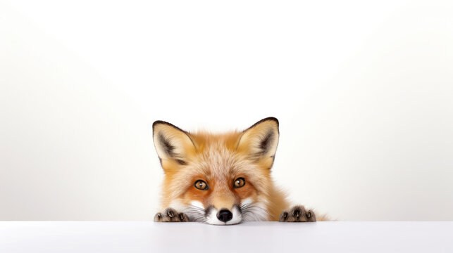 Red fox peeking out from behind a white wall
