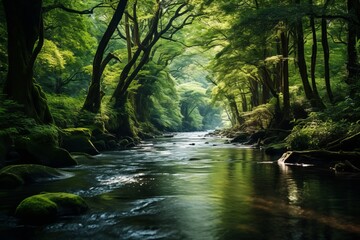  Tranquil River Winding Through A Lush Forest, Generative AI