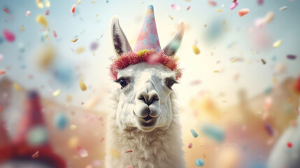 Fototapeta premium Happy lama smiling wearing hat, birthday concept.