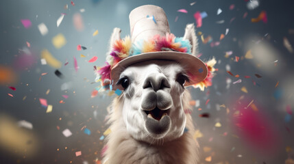 Naklejka premium Happy lama smiling wearing hat, birthday concept.