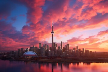 Naklejka premium Vibrant City Skyline At Sunset, Generative AI