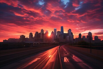 Fototapeta premium Vibrant City Skyline At Sunset, Generative AI