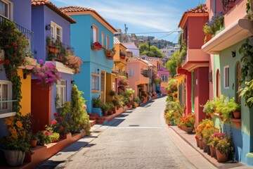 Obraz premium Vibrant Street With Colorful Houses, Generative AI