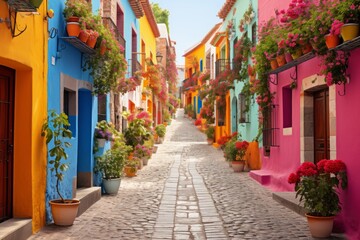 Fototapeta na wymiar Vibrant Street With Colorful Houses, Generative AI
