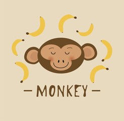 Illustration of a monkey with bananas on a light brown background.