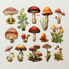 Autumn set, mushroom clip art, collection of design elements. Bundle of abstract fungus.