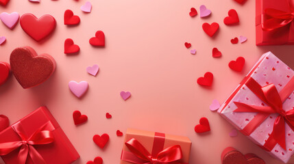 Valentines Day red background with red and pink hearts and gift