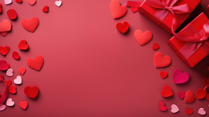 Valentines Day red background with red and pink hearts and gift