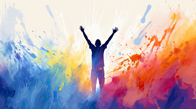 Man raises his hands to worship and praise God. Christian illustration.