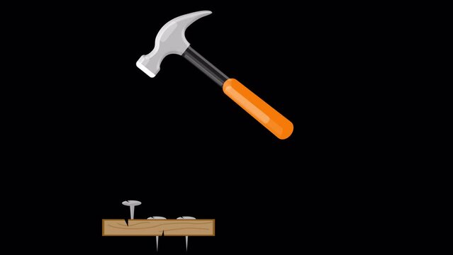 Hammer driving a nail into a wooden board. Animated hammer tool on transparent background.