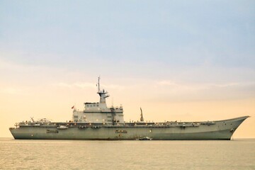 Naklejka premium Warship. Naval Forces. Military control of the sea. Protection of state borders from water.