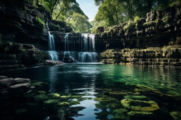 Hidden Waterfall Cascading Into A Serene River, Generative AI