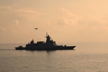 Obraz premium Warship. Naval Forces. Military control of the sea. Protection of state borders from water.
