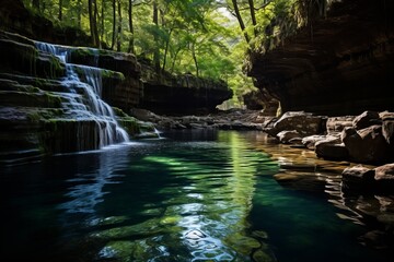 Hidden Waterfall Cascading Into A Serene River, Generative AI