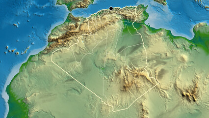 Shape of Algeria with regional borders. Physical.