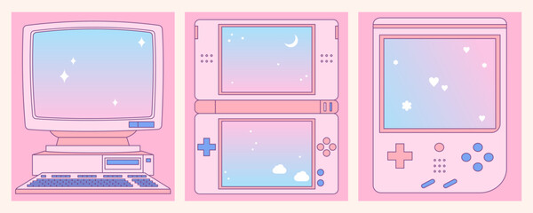Kawaii memo pad with retro computer, game consoles. Pink cute note pad. Trendy, nostalgic, colorful style 90s. Stories and post frame template. Social media design.