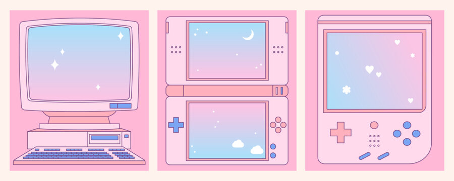 Kawaii memo pad with retro computer, game consoles. Pink cute note pad. Trendy, nostalgic, colorful style 90s. Stories and post frame template. Social media design.