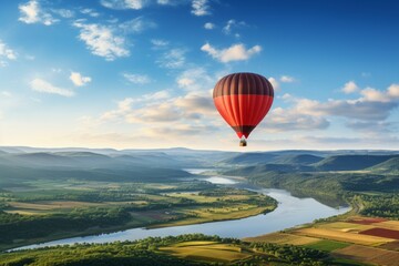 Hot Air Balloon Floating Over A Picturesque Landscape, Generative AI 