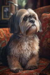Shih Tzu dog sitting on couch looking away
