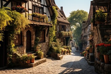  Pictresque Medieval Town With Cobbles Road, Generative AI