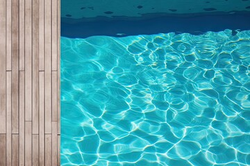 Obraz premium Poolside paradise. Top view of an empty outdoor pool with wooden board on beautiful relaxing background