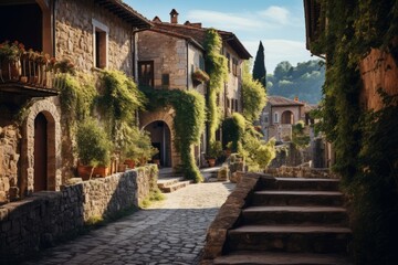  Pictresque Medieval Town With Cobbles Road, Generative AI