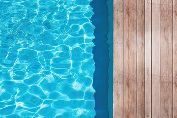 Poolside paradise. Top view of an empty outdoor pool with wooden board on beautiful relaxing background