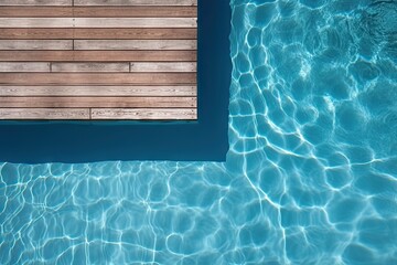 Poolside paradise. Top view of an empty outdoor pool with wooden board on beautiful relaxing background - obrazy, fototapety, plakaty