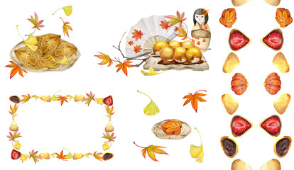 Watercolor hand drawn traditional Japanese sweets. Set of compositions with autumn wagashi, taiyaki, tea, frames. Isolated on white background. Invitations restaurant menu greeting cards print textile