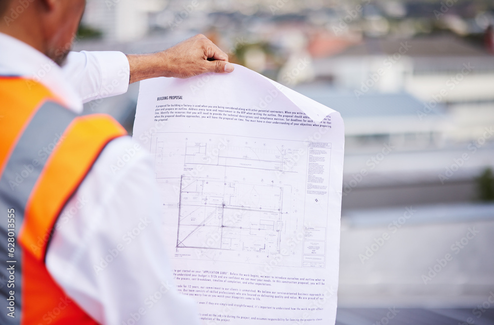 Poster construction site, blueprint and man reading document of building proposal in city from the back. cl