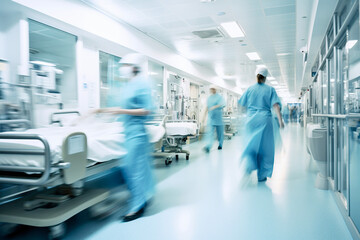 Long exposure blurred motion of medical doctors and nurses in a hospital ward wearing blue aprons, walking down a corridor - Generative AI - obrazy, fototapety, plakaty