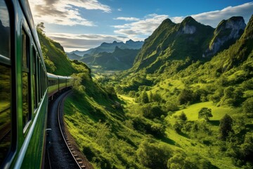 Scenic train Journey Through Mountains, Generative AI - obrazy, fototapety, plakaty