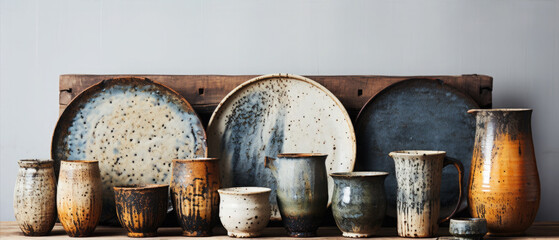A set of homemade ceramic dishes in the Scandinavian style.